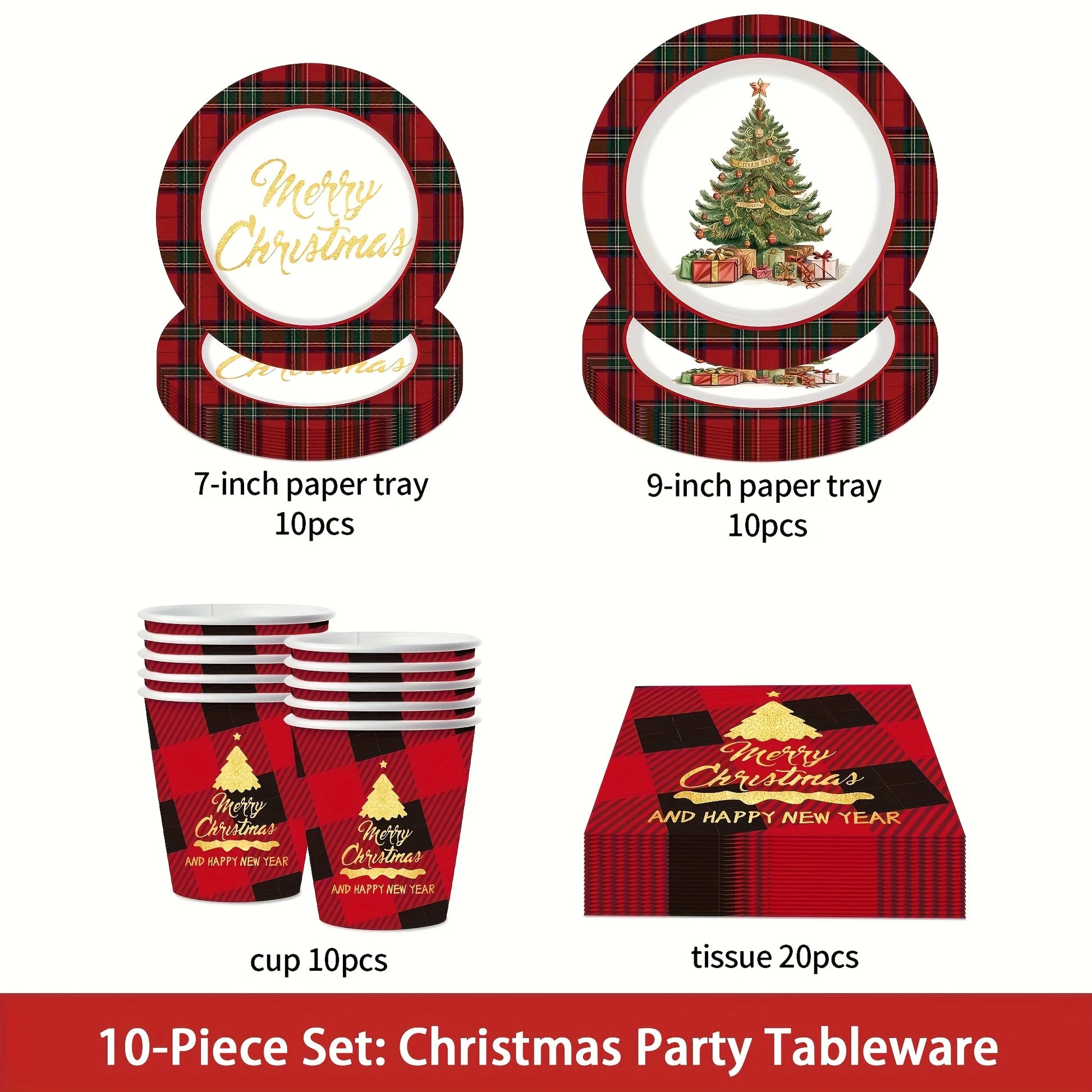 Christmas party tableware set with paper trays, cups, and tissue on a white background