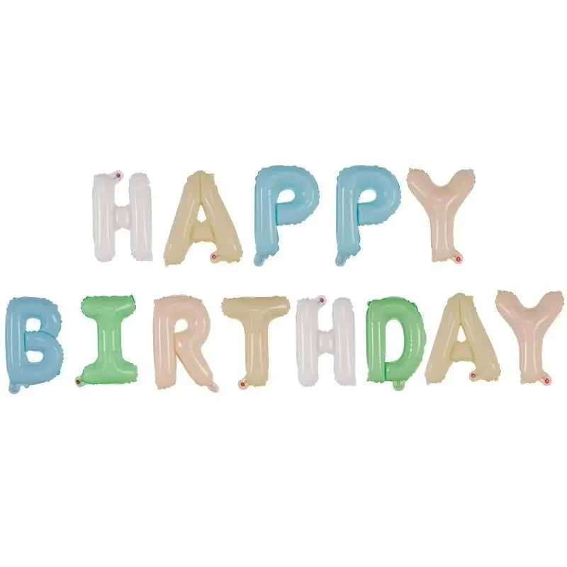 Colorful 'Happy Birthday' balloon banner on a white background