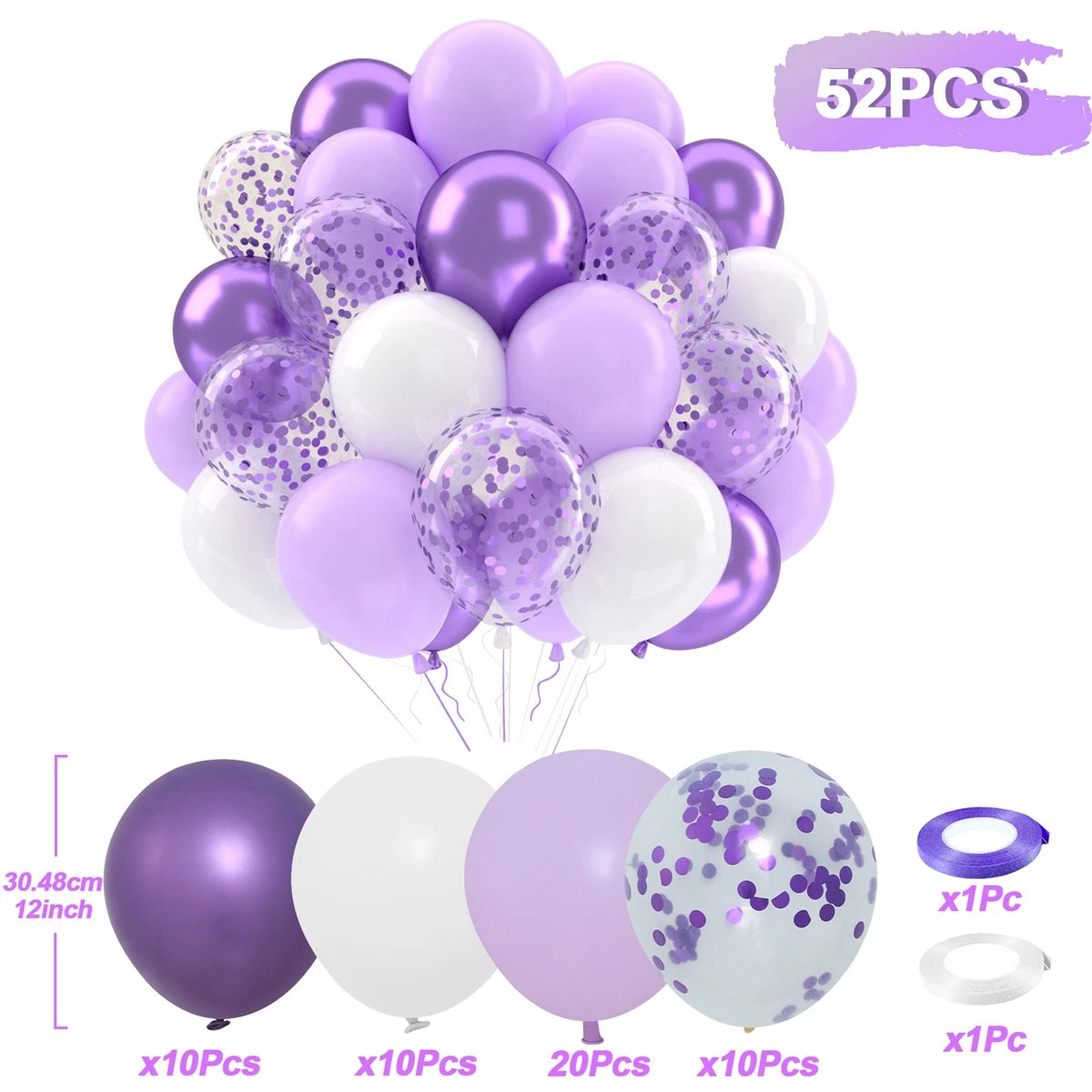 Set of purple, white, and clear balloons with confetti on a white background