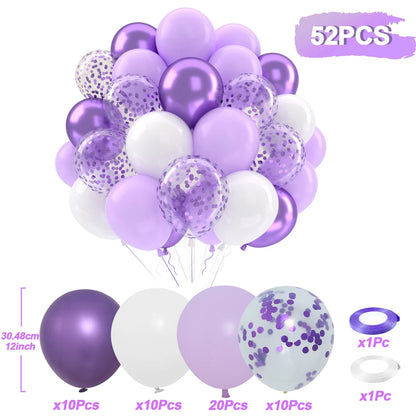 Set of purple, white, and clear balloons with confetti on a white background
