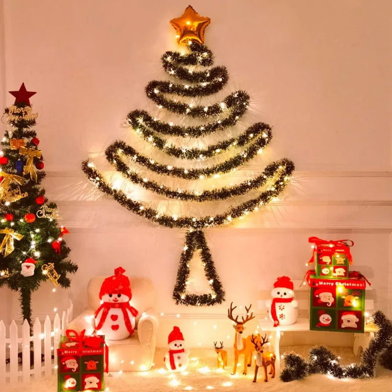 Decorative Christmas tree with lights and ornaments in a festive setting.