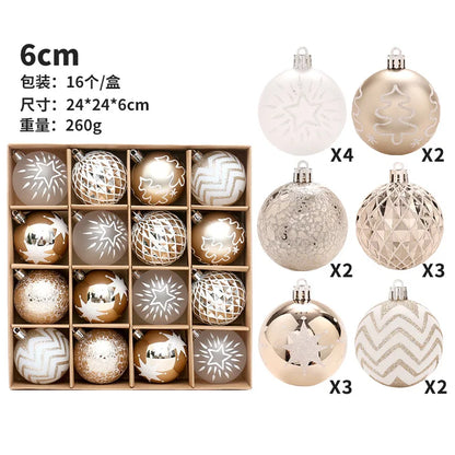 Set of decorative Christmas balls in a wooden box with various patterns.
