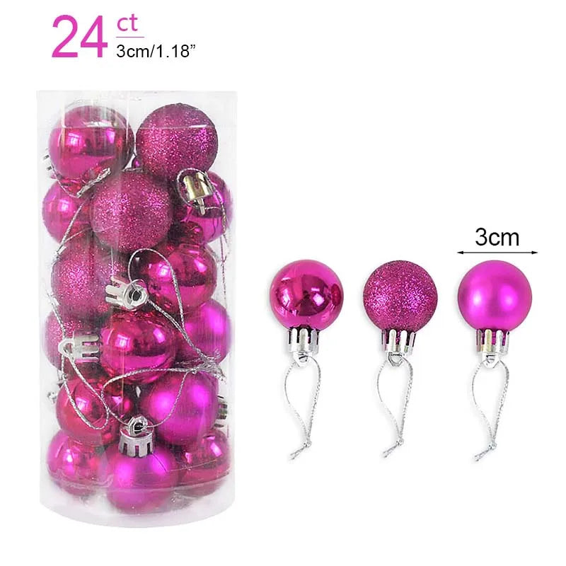 Packaged pink Christmas balls with measurements on a white background