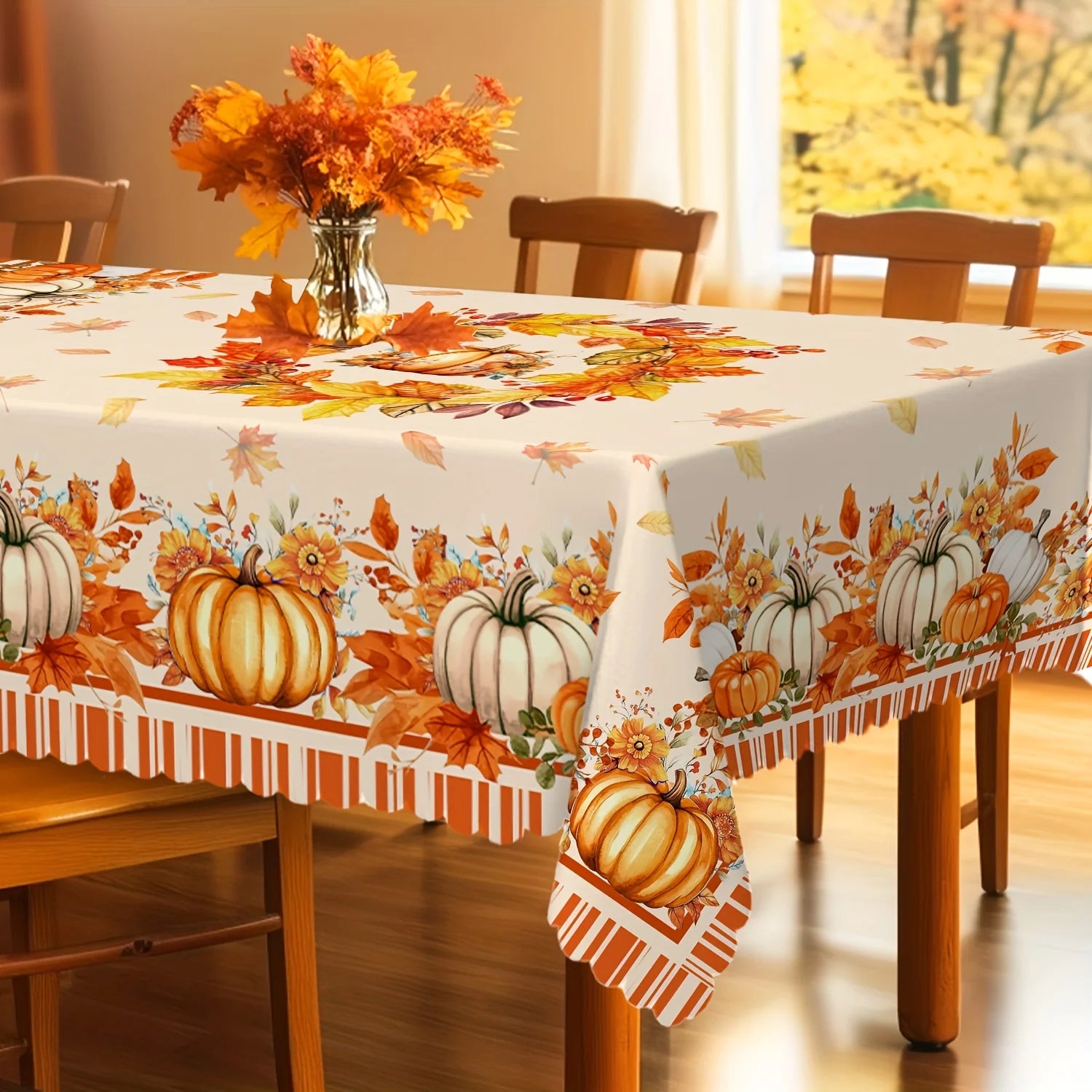 Dining table set with a fall-themed tablecloth featuring pumpkins and leaves, accompanied by chairs.