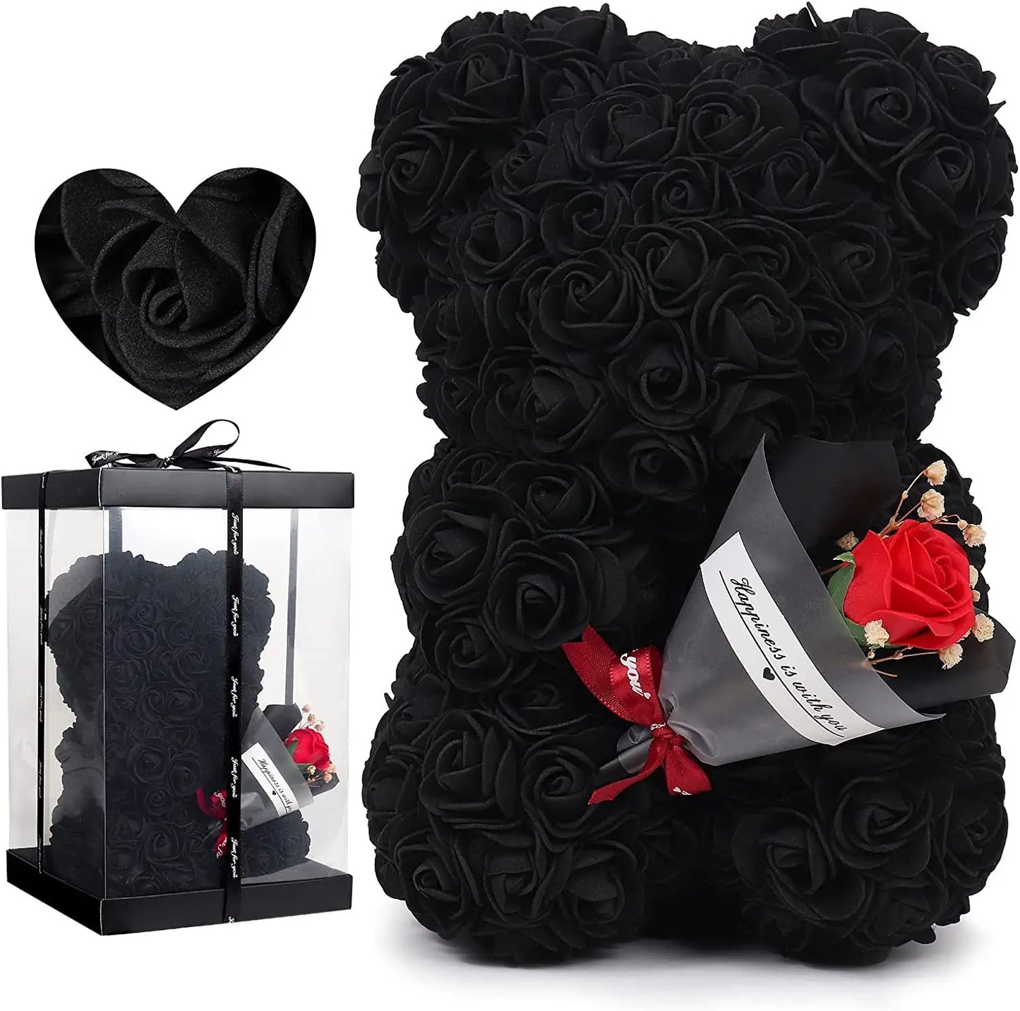 Black rose teddy bear with a heart-shaped rose and gift box on a white background