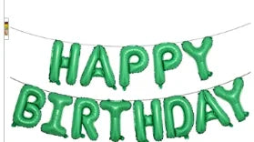 Green 'Happy Birthday' balloon banner on a white background
