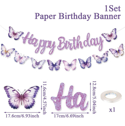 Purple butterfly-themed birthday banner with 'Happy Birthday' text and dimensions.