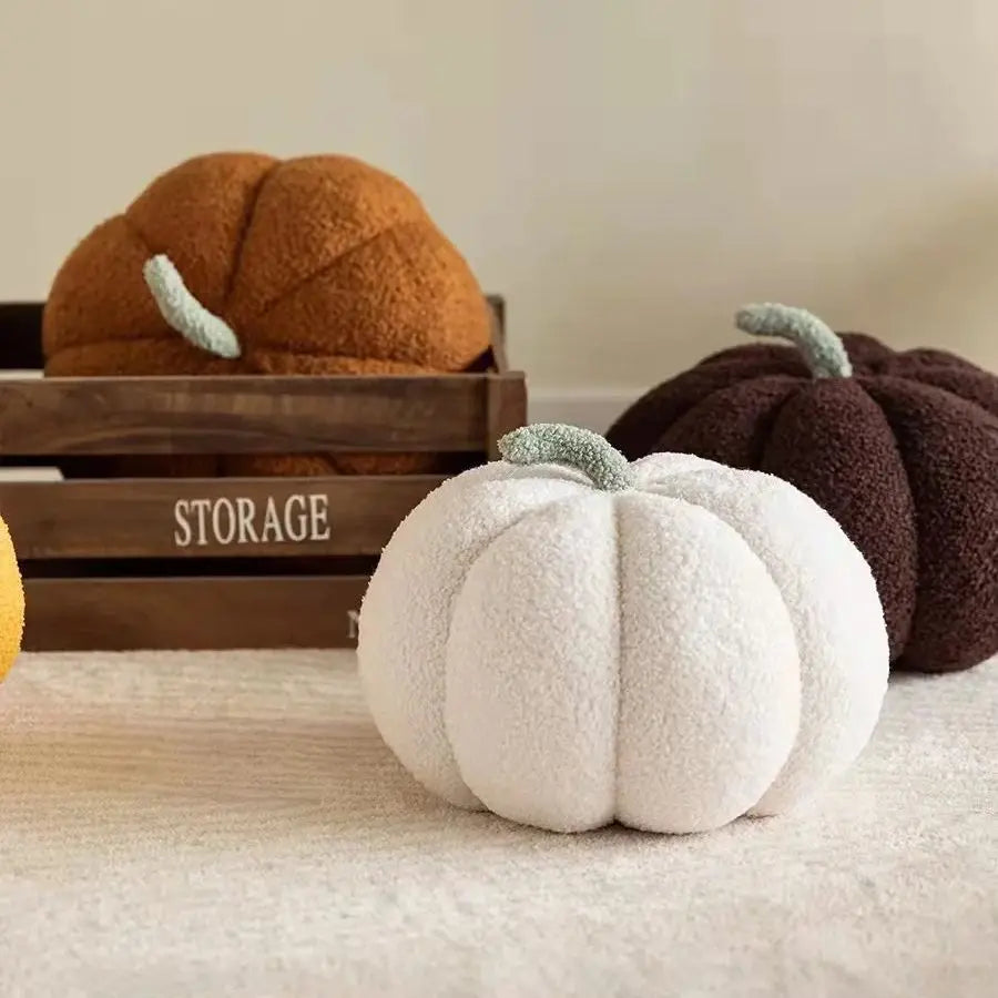 Decorative pumpkins in white, brown, and orange on a neutral background with a 'storage' crate.