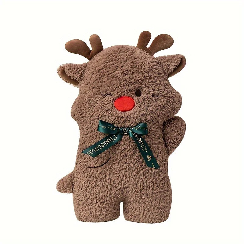 Plush reindeer toy with a green bow on a white background