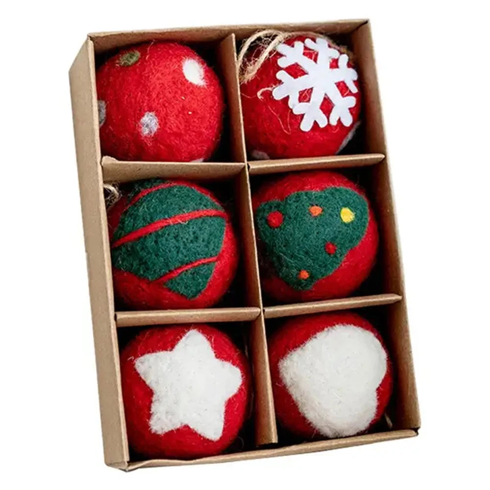 Set of six felt Christmas ornaments in a box