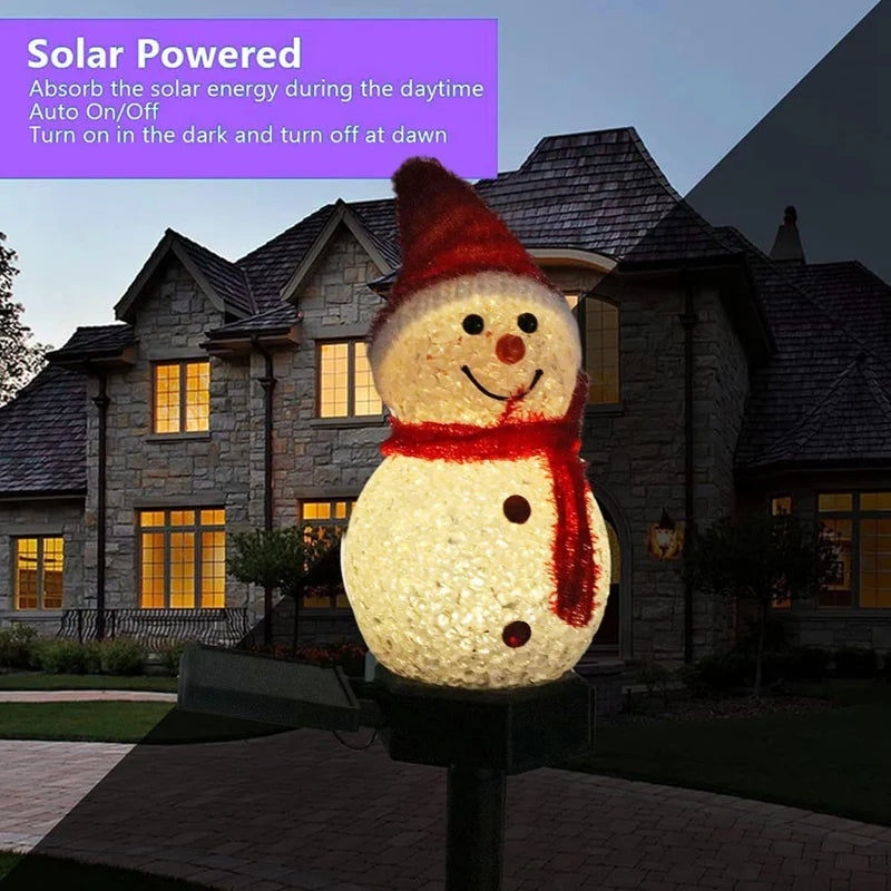 Solar-powered snowman light in front of a house with text about its functionality.