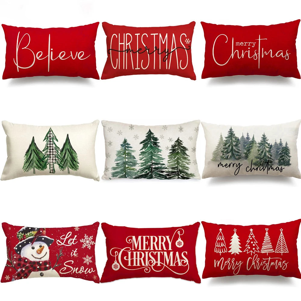 Collection of Christmas-themed pillows with various designs on a white background