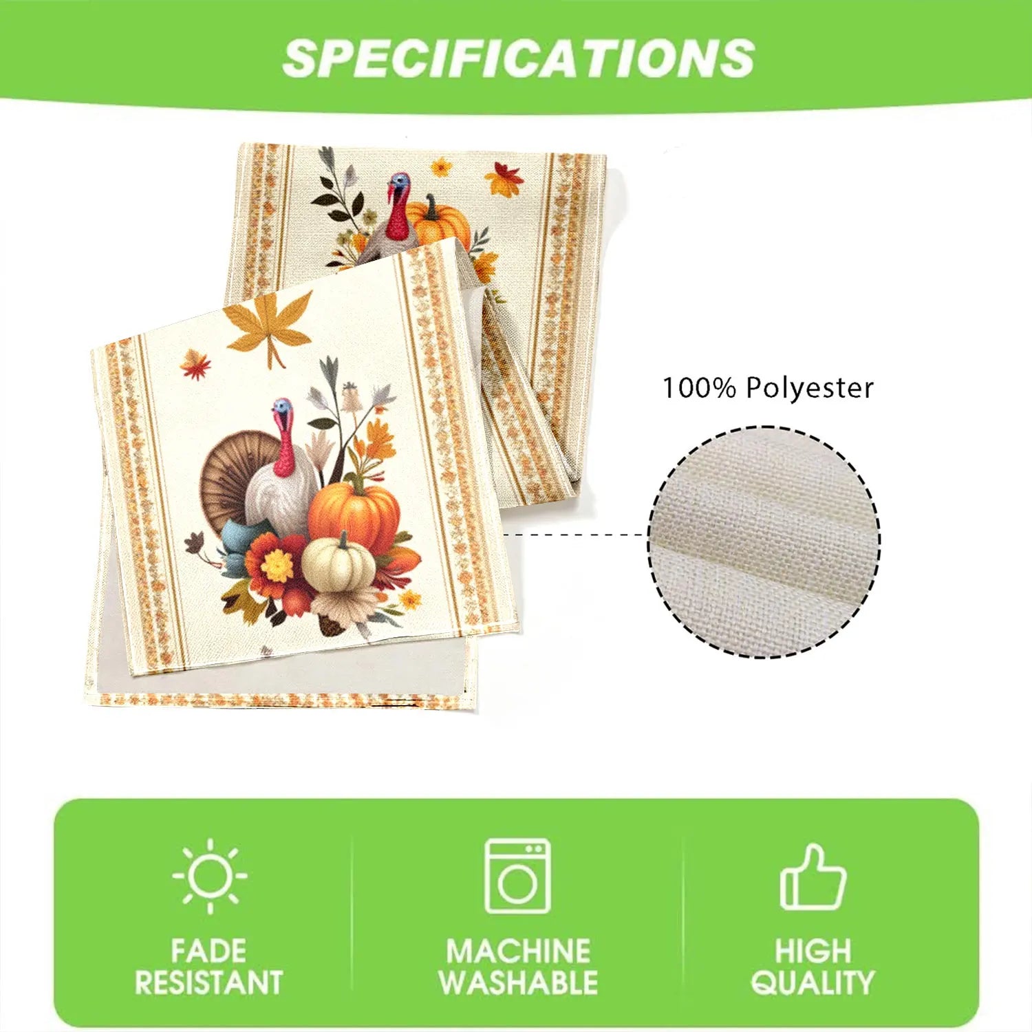 Decorative placemats with Thanksgiving design, showing 100% polyester material, fade resistance, machine washability, and high quality on a green banner.