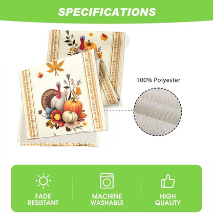 Decorative placemats with Thanksgiving design, showing 100% polyester material, fade resistance, machine washability, and high quality on a green banner.