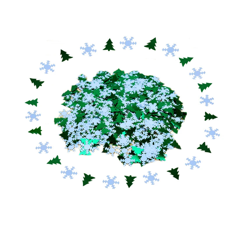 Circular arrangement of green trees and blue snowflakes on a white background