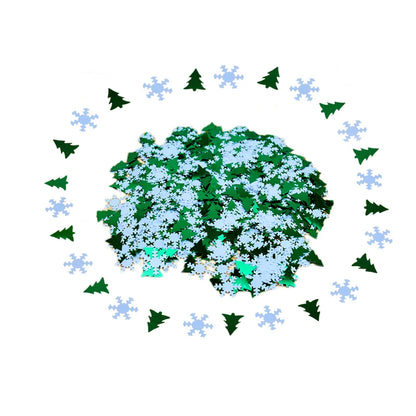 Circular arrangement of green trees and blue snowflakes on a white background