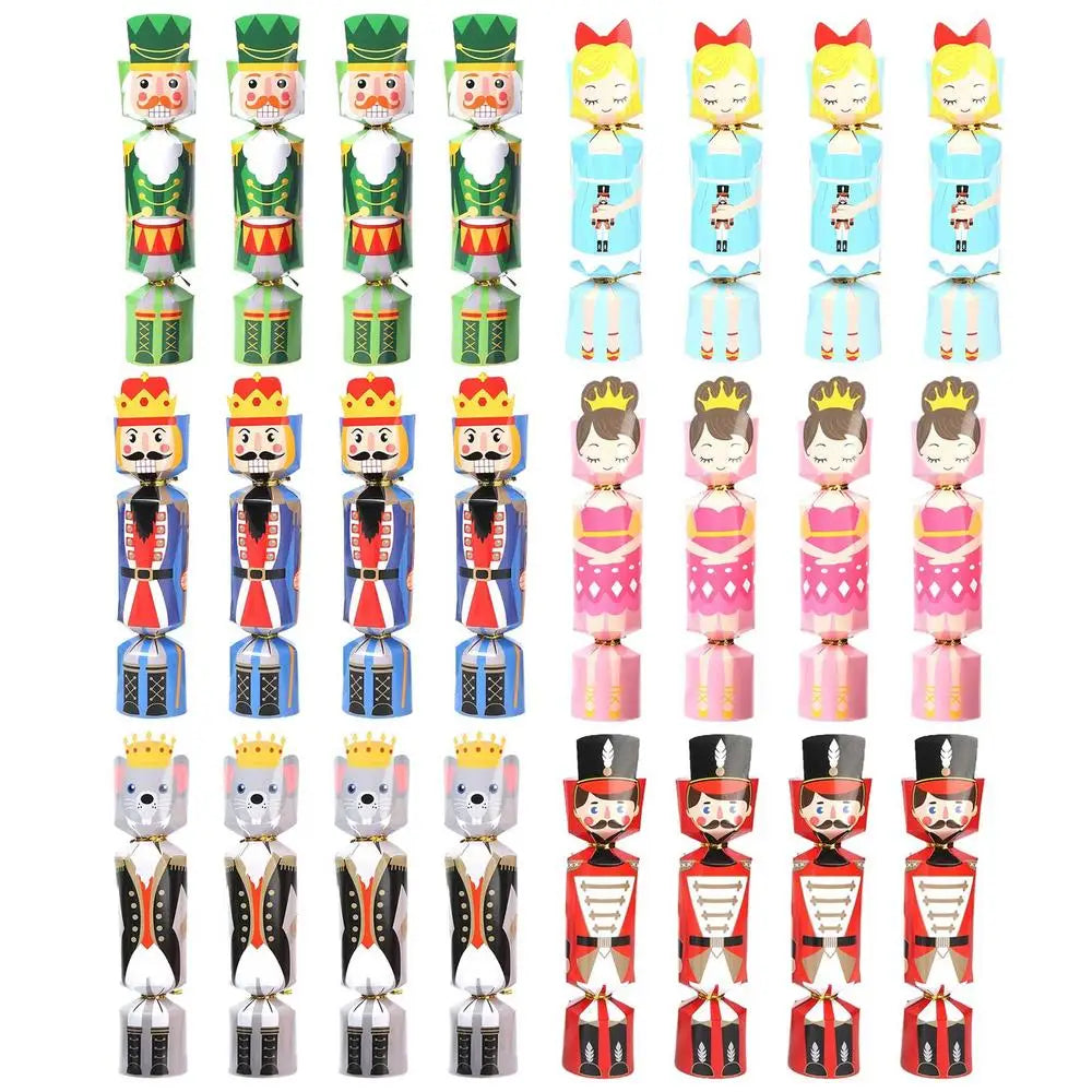 Set of colorful nutcracker and princess figurines on a white background