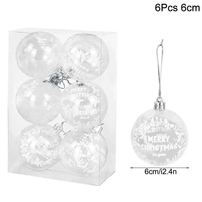 Clear Christmas ball ornaments with silver hooks in a packaging box, labeled '6Pcs 6cm'.