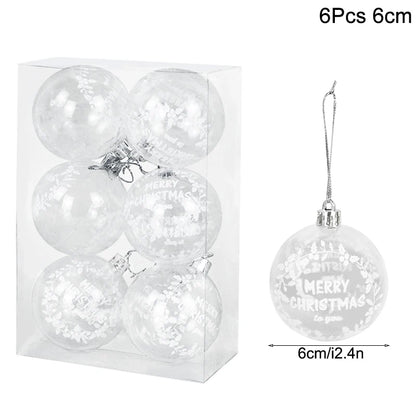 Clear Christmas ball ornaments with silver hooks in a packaging box, labeled '6Pcs 6cm'.