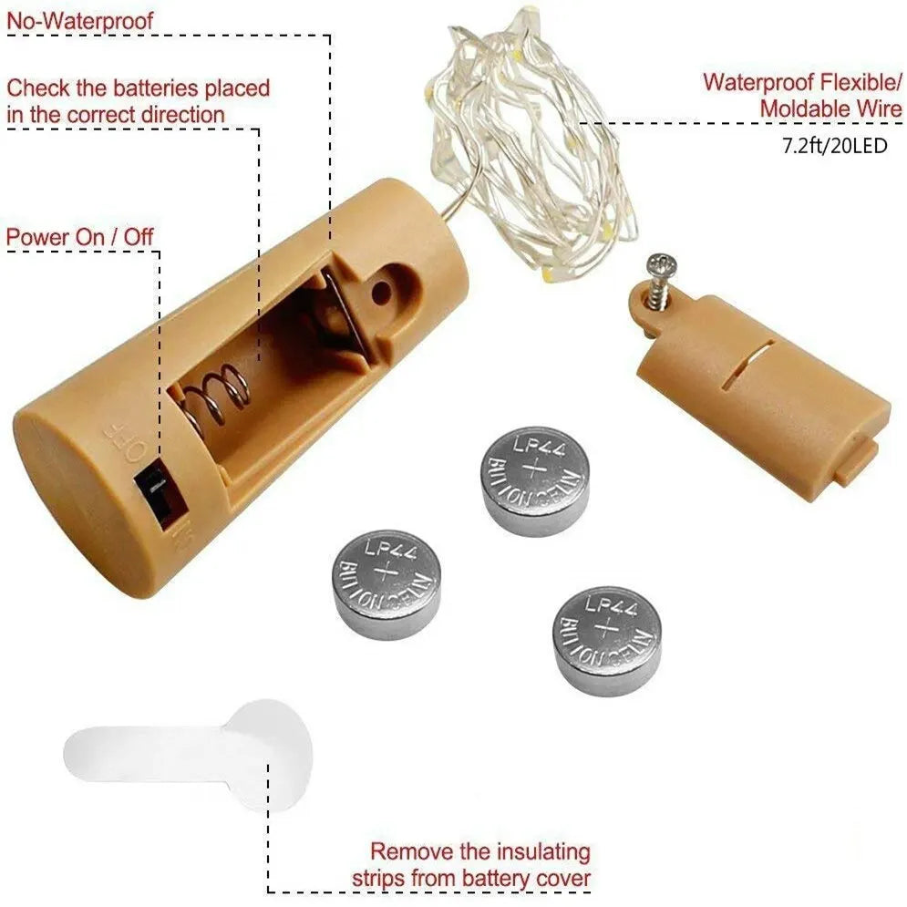 Beige LED string light kit with batteries and wire on a white background