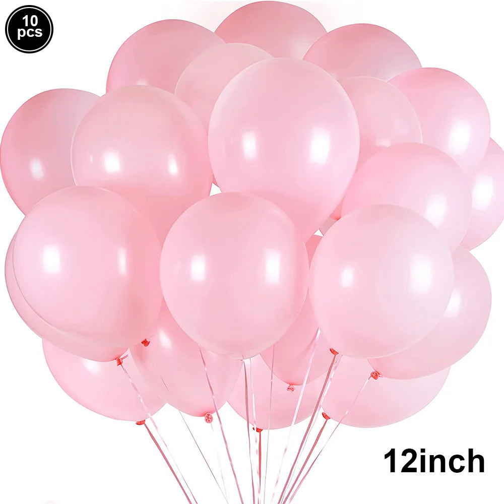 Bunch of pink balloons with '10 pcs' and '12inch' text on a white background