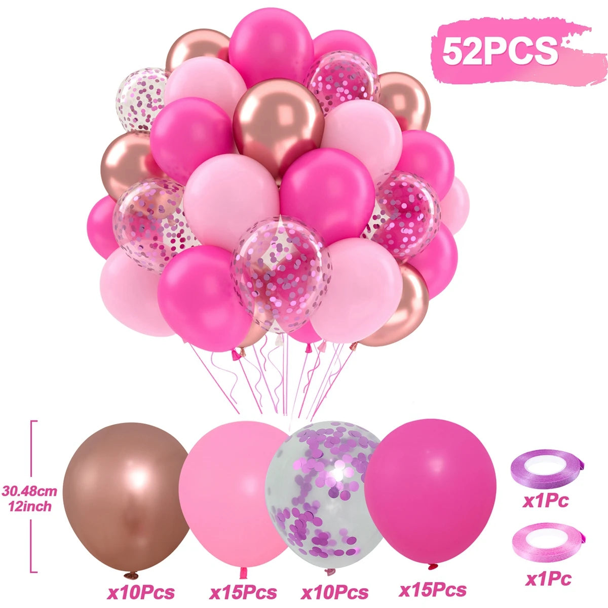 Set of 52 pink, rose gold, and clear balloons with dimensions and quantity indicators on a white background.