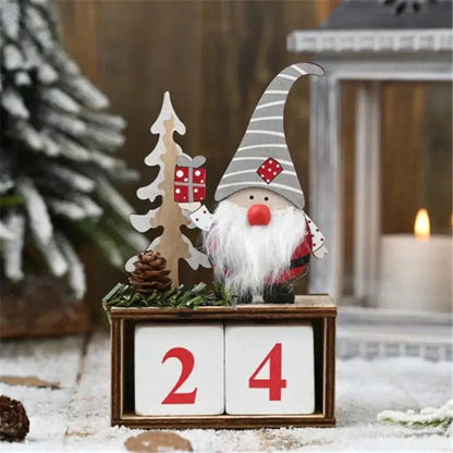 Christmas gnome with wooden blocks displaying '24', surrounded by festive decorations.