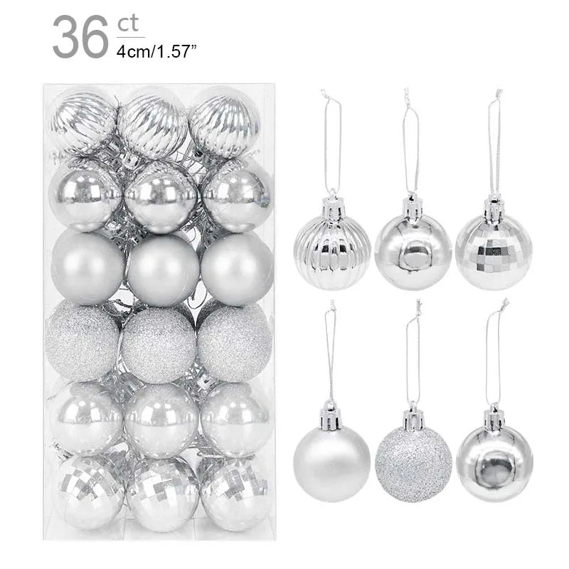 Packaging of silver Christmas ornaments with hanging examples on a white background