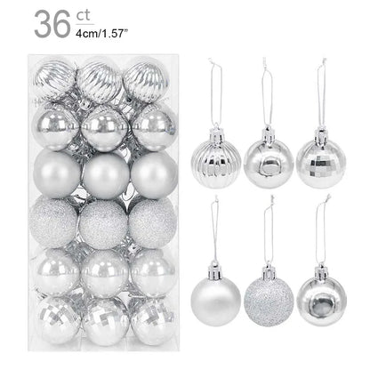 Packaging of silver Christmas ornaments with hanging examples on a white background