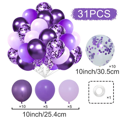 Purple and white balloons with confetti on a white background, labeled as 31 pieces.