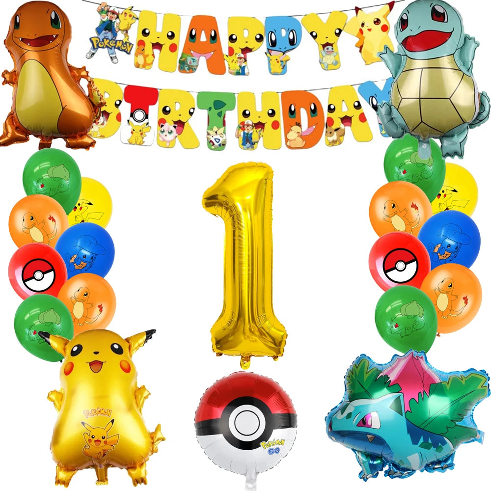 Birthday party decorations with Pokémon character balloons and a 'Happy Birthday' banner.