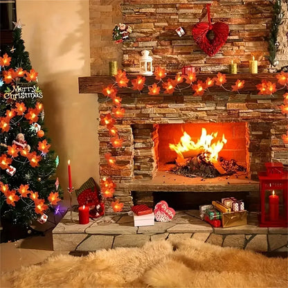 Cozy living room with a fireplace, Christmas tree, and decorative lights.