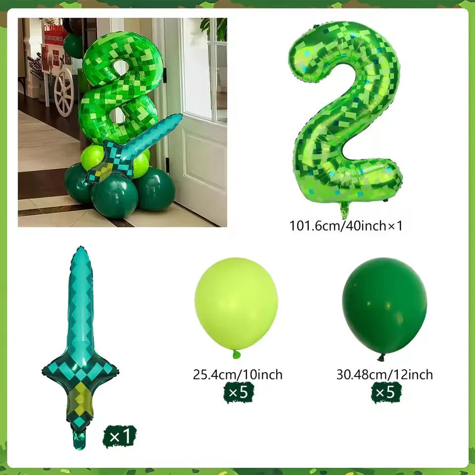 Minecraft creeper balloon in an 8 and 2 and diamond sword balloon and green balloons with white background.