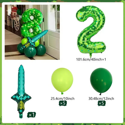 Minecraft creeper balloon in an 8 and 2 and diamond sword balloon and green balloons with white background.