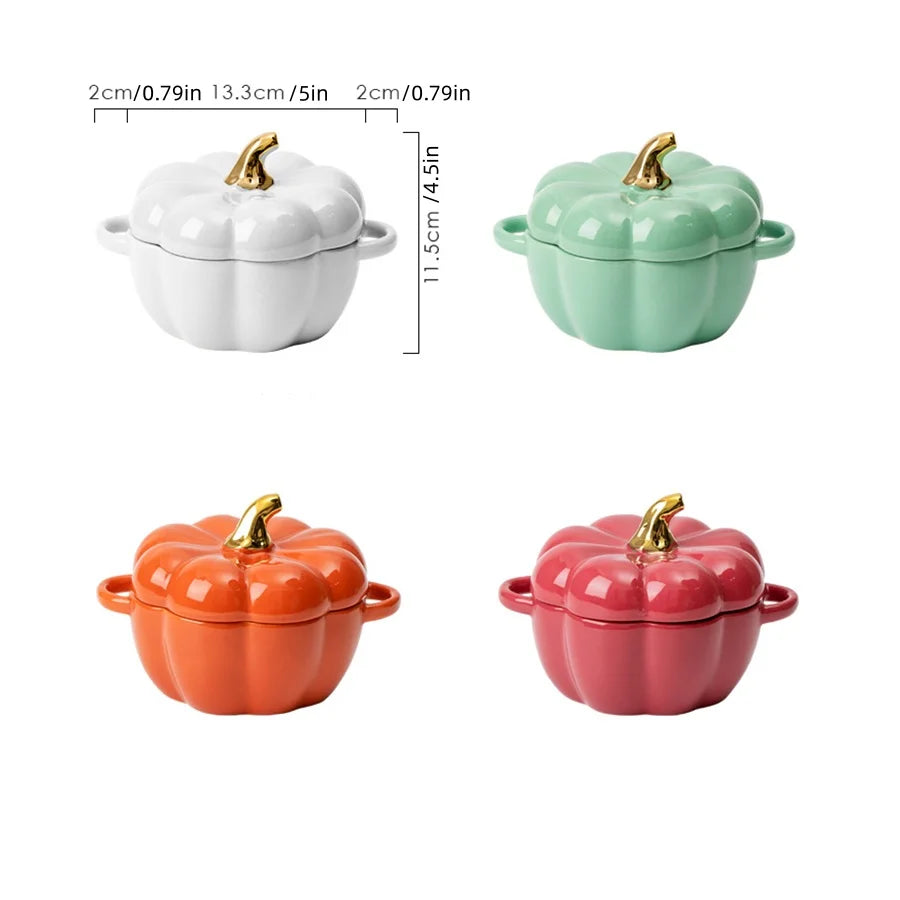 Four colorful ceramic pumpkin-shaped pots with gold handles on a white background, showing measurements.