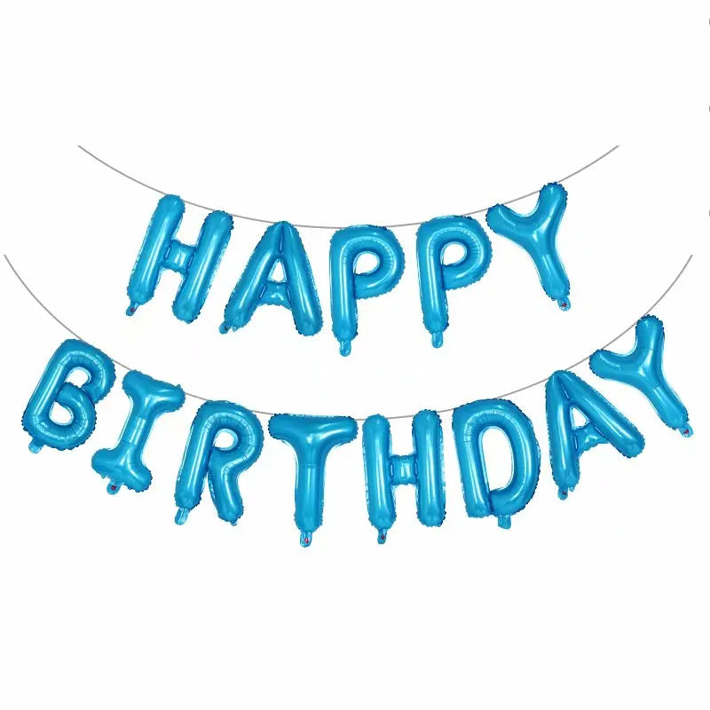 Blue 'Happy Birthday' balloon banner on a white background