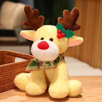 Plush reindeer toy with a red nose and holly leaves on a wooden surface.