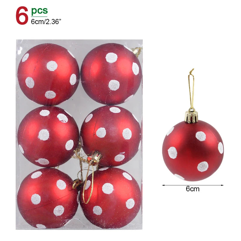 Red Christmas ornaments with white polka dots in a clear package, showing size measurement.