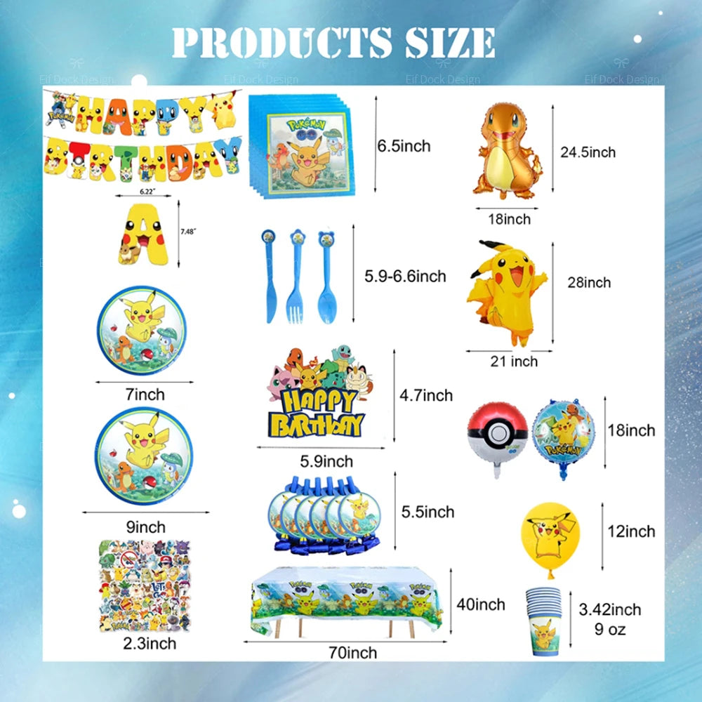 Product size chart for various Pokémon-themed items including balloons and tableware with dimensions on a blue gradient background.