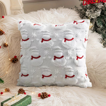 Decorative pillow with snowman pattern on a festive background