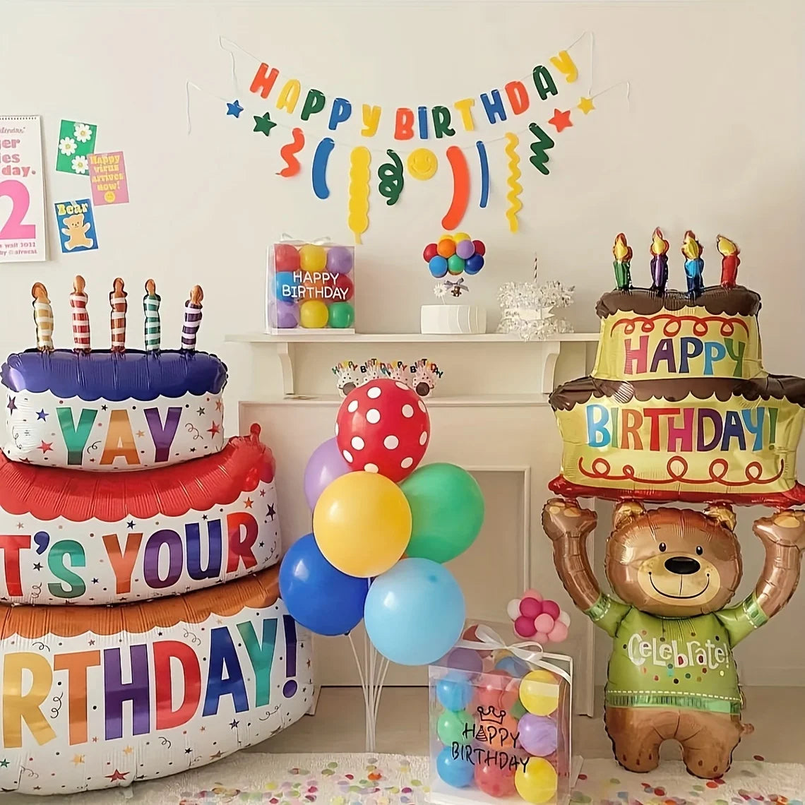 Birthday-themed decorations including balloons, cake, and balloons with 'Happy Birthday' text.