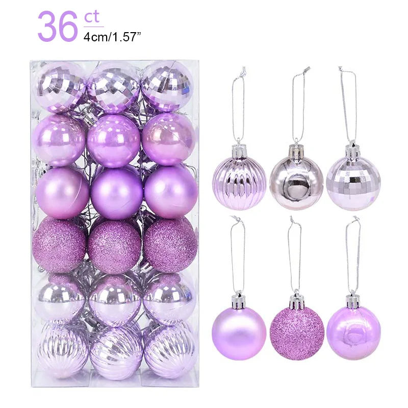 Packaged purple and silver Christmas ball ornaments with packaging showing '36 ct' and dimensions.