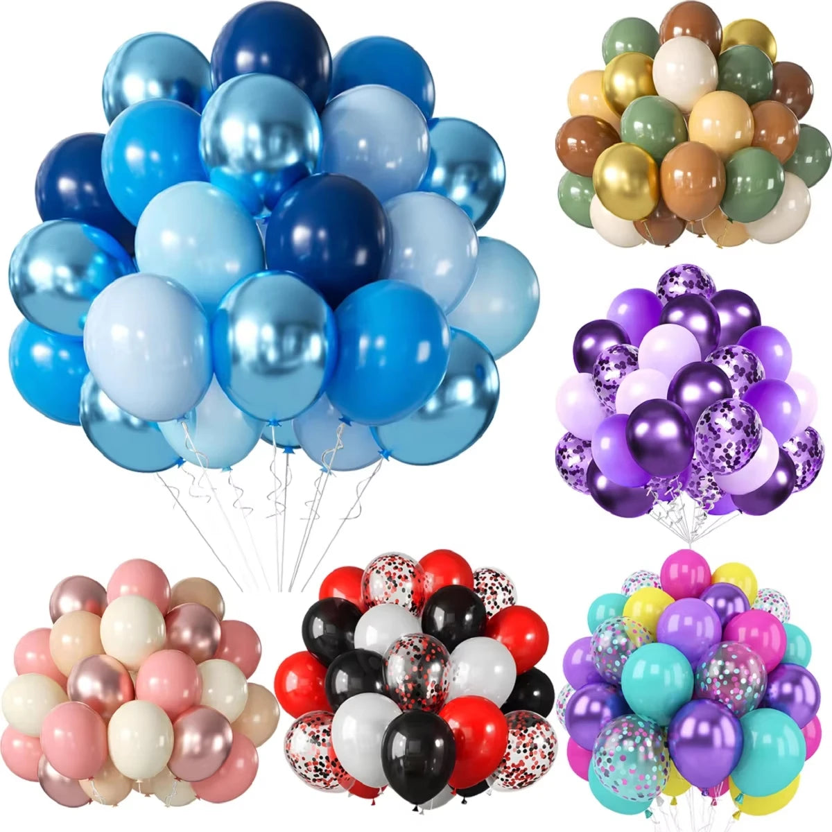Collection of various balloon sets in different colors and designs.