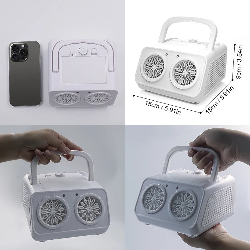 Portable fan with handle, size measurements, and smartphone for scale on a light gray background