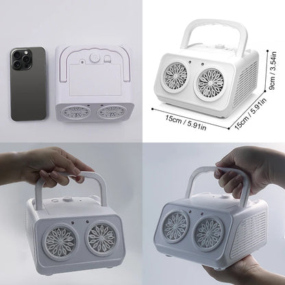 Portable fan with handle, size measurements, and smartphone for scale on a light gray background