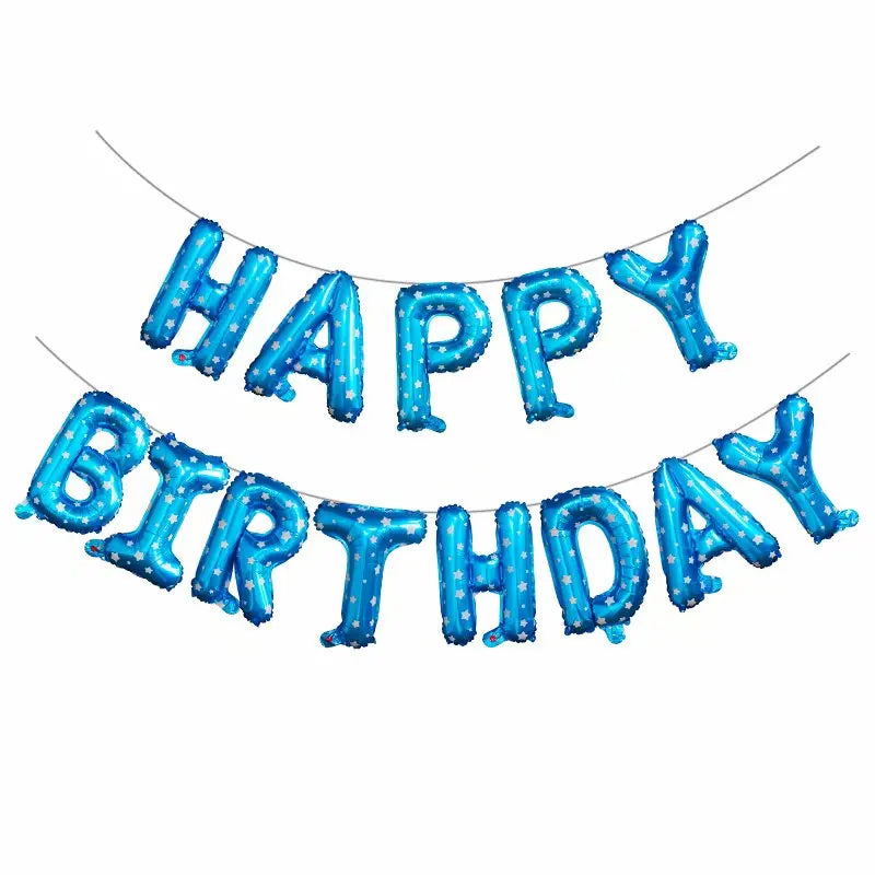 Blue 'Happy Birthday' balloon banner with white stars on a white background