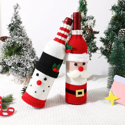 Two wine bottle covers, one shaped like a snowman and the other like Santa Claus, with Christmas trees in the background.