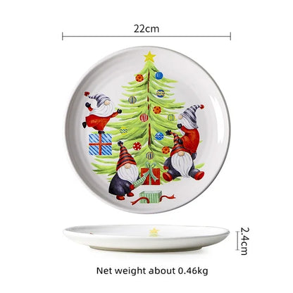 Decorative plate with Christmas design featuring Santa and gnomes, shown with measurements and weight information.