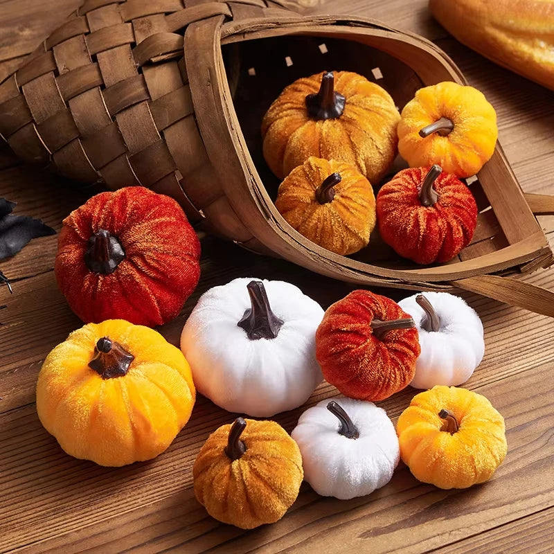 Colorful pumpkins on a wooden surface with a woven basket.