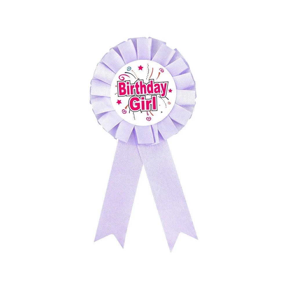 Purple 'Birthday Girl' ribbon award on a white background